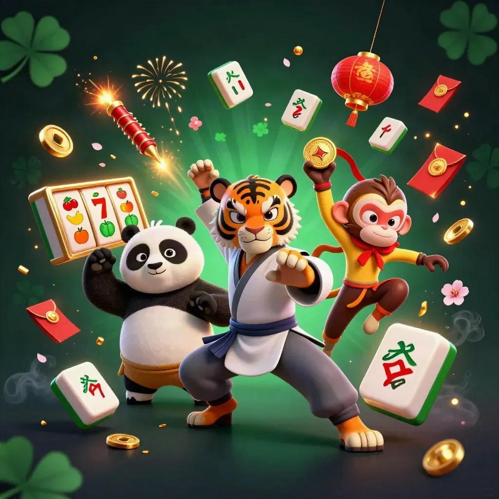Tiger, panda, and monkey in a neon casino kung-fu burst with lanterns, jade coins, and firework light.