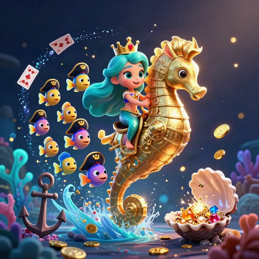 Mermaid princess on armored seahorse in a treasure cove with pirate fish, coins, coral, and glowing bubbles.