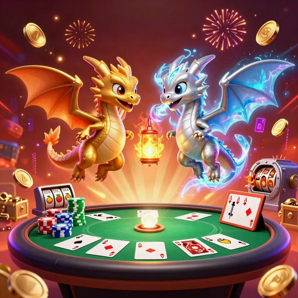 Gold and silver dragons yin-yang amid casino chips, cards, vault loot, and neon fireworks.