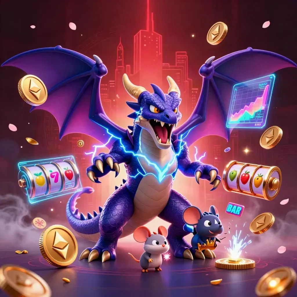 Thunder dragon, wind hawk, and static mouse amid casino coins, lightning, and neon runes.
