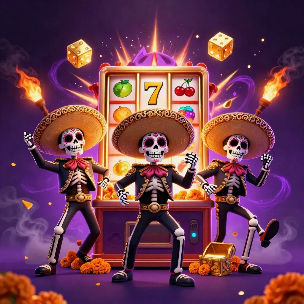Skeleton mariachi trio with slot machine blast, gold, reels, dice, and neon purple casino glow